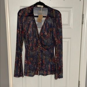 Natural Life Size Large Floral Long Sleeve Mesh Top